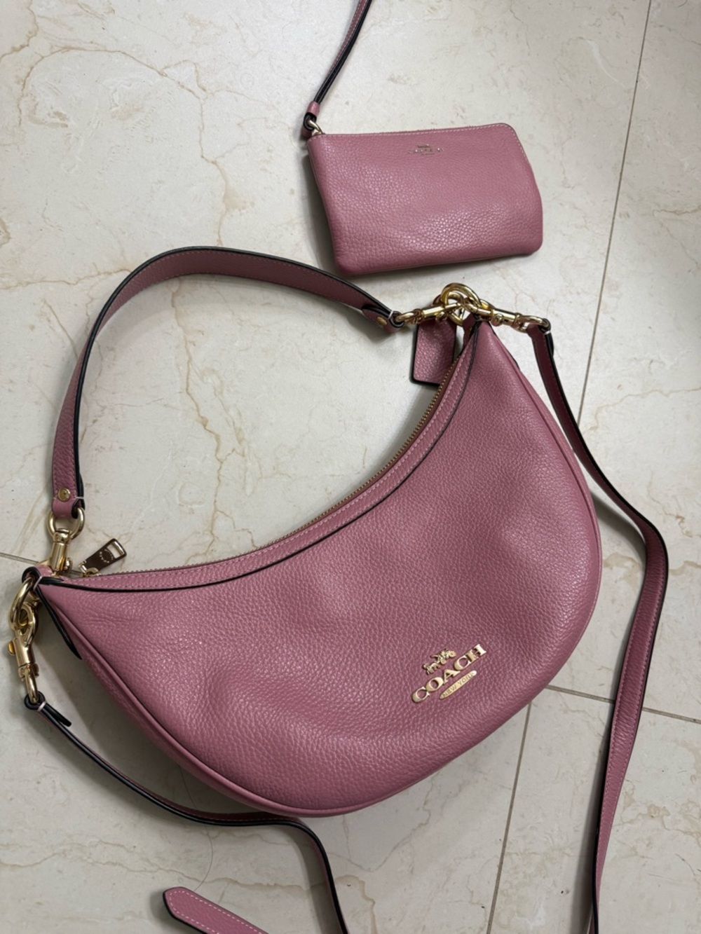 Coach Aria Dusty Rose Leather Crescent Shoulder Bag with Matching Wristlet